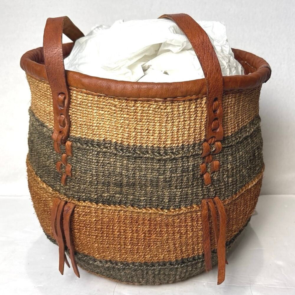 Vtg African Woven Basket Bag 14”Leather Straps Ethiopian East Africa Folk Art